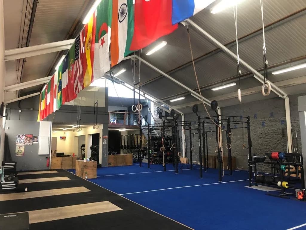 Rig avec anneaux et cordes à grimper dans la box Ruroni CrossFit, Saint-Ouen-sur-Seine